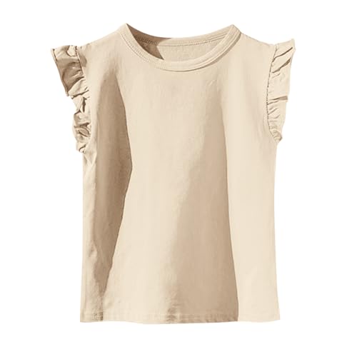T Shirt Mädchen Baumwolle Casual Einfarbig T-Shirt Rüschenärmel Sommer Atmungsaktiv Schnelltrocknend Crop Top Rundhals Kurzarm Tops Freizeit Basic Kinderkleidung 2-11Jahre 0 Beige 140