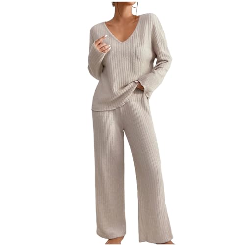 Black Friday Angebote 2024 Hausanzug Damen Elegant Gestrickte Loungewear Einfarbig Strickanzug Langarm Schlafanzüge Zweiteiler V-Ausschnitt Homewear Locker Freizeitanzug Outfit Weites Bein