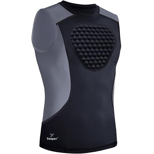 Youper Brustschutz-Shirt für Erwachsene, gepolstert, Herzschutz, Brustbeinschutz, für Baseball, Fußball, Lacrosse und Torhüter (Größe M, Schwarz/Grau)
