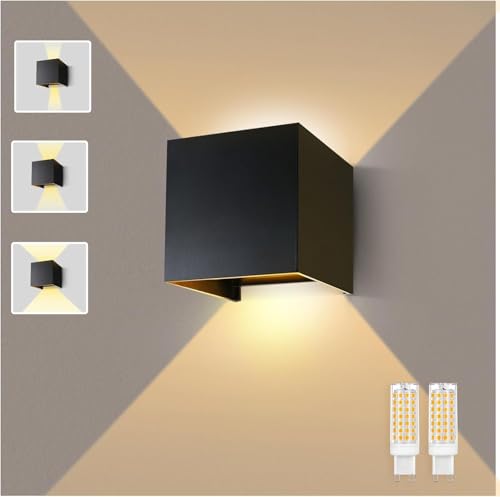 Lureshine Wandlampe mit Austauschbarer G9 LED lampe Einstellbar Abstrahlwinkel Aussenbeleuchtung Warmweiß 3000K Wandleuchte Aluminium Wandleuchte Innen/Aussen (Schwarz 1 Stück)