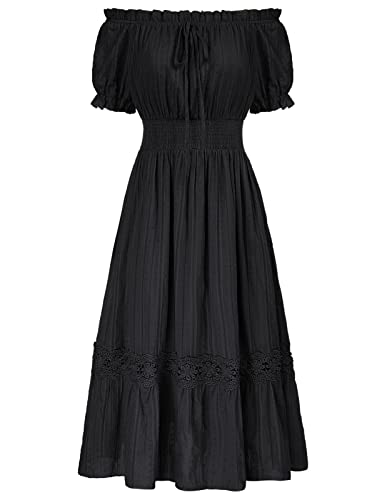 SCARLET DARKNESS Damen Kurzarm Kleider Off Shoulder Elastische Taille Rüschensaum Retro Baumwollkleid Schwarz XL