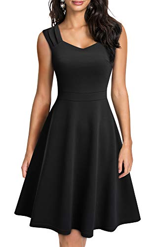 HOMEYEE Damen Vintage V-Ausschnitt Ärmellose Einfarbige Party A-Linie Sommerkleid A246 (M, Schwarz)