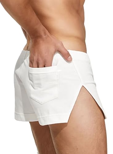 Herren 3" Große Split Side Lounge Shorts Baumwolle zum Schlafen Home Workout Gym Bodybuilding Color Weiß Size L