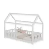 ecomi® Kinderbett Hausbett mit Rausfallschutz und Lattenrost, Hausbett - Kinderbett 90x200 / 80x160 in Weiß/Natur für Kinder - Kinderbett Hausbett 90x200 / 80x160 Weiß/Natur (Weiß, 90x200)