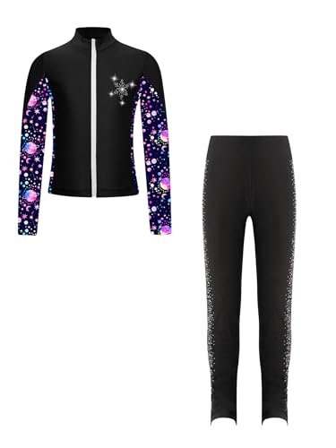 FEESHOW Kinder Mädchen Eiskunstlauf Anzug Glitzer Strass Bedruckte Jacke Eiskunstlauf Hose Set Wettkampf Workout Sport Outfit Skating Suit Schwarz 134-140