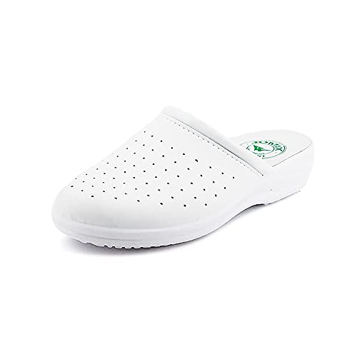 JOMIX Weiß Clogs & Pantoletten für Damen Berufsschuhe Kochschuhe Bequeme Sanitär-Clogs Medizinische Gartenschuhe Leder Fußbett (01 Weiß Größe Klein 1 Nummer, 38 EU)