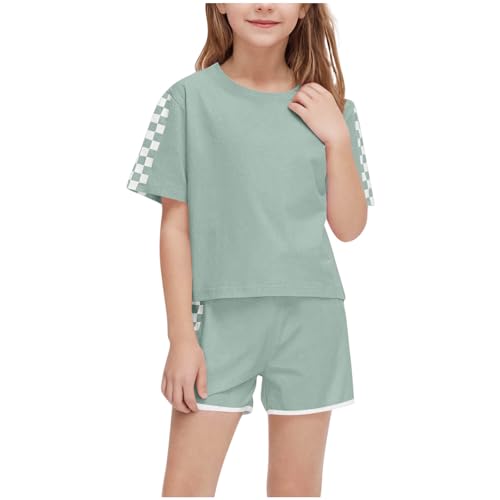 XINYUNZU Sportanzug Mädchen T-Shirt und Shorts Sommer Kleidung Set Trainingsanzug Jogginganzug Sport Top mit Sporthose Kurz Activewear Casual Klamotten Bekleidungssets für Kinder Armeegrün 13 Jahre