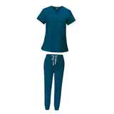 Harilla Peeling-Set für Frauen, Krankenschwester-Arbeitskleidung -Ausschnitt, professionelles maschinenwaschbares Oberteil und Jogginghose, Blau, m