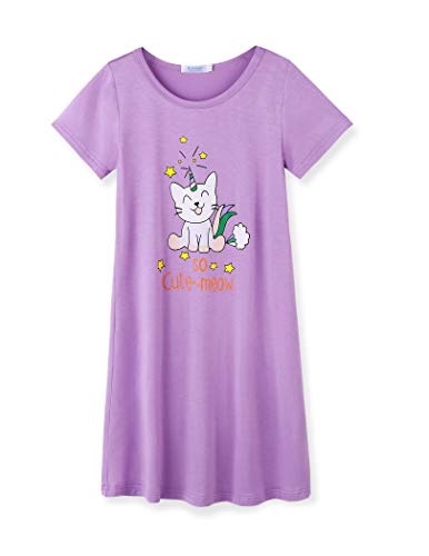 Arshiner Schlafanzug Mädchen Nachthemd Kurzarm Kinder Lila Nachtkleid Katze Schlafkleid Sommer Schlafkleidung 130/7-8 Jahre