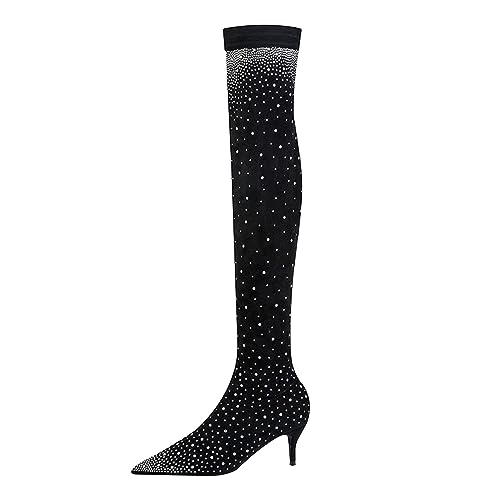 Winterstiefel Damen, Winterstiefel Damen mit Absatz Stilettos Glitzer Strass Overknee Stiefel Elegant Langschaft Boots Lang Stiefeletten Sparkly Party Stiefele Frauen Spitze High Heels