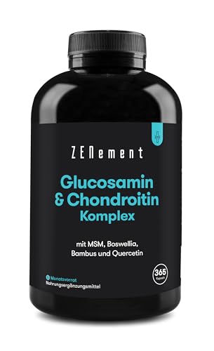 Glucosamin & Chondroitin Hochdosiert, 365 Kapseln mit MSM, Boswellia, Bambus und Quercetin - trägt zu einer normalen Kollagenbildung bei- Laborgeprüft, ohne Zusätze - Zenement