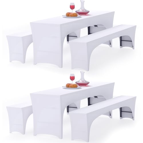 Alishomtll Zwei 3er-Set Elastisch Biertischhussen, Stretch Bierzeltgarnitur für 70cm Tischbreite, Bierbankhussen Bankgarnitur für Biertisch und Bierbank Bankett Gartenmöbel-Bezüge, 220x70cm Weiß