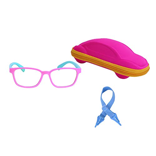 JoXiGo Kinder Brille Ohne Stärke Blaulichtfilter UV Blockieren TR90 Rahmen mit Einstellbare Brillenband + Brillenetui, Rosa Grün, S