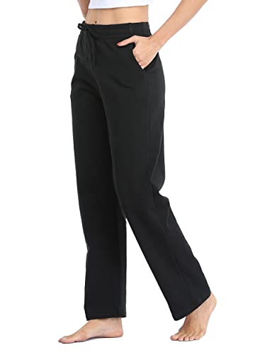 WILLIT Jogginghose Damen Baumwolle Trainingshose Lang Freizeithose Sporthose Yogahose gerades Bein Sport Lounge Sweatpants Kordelzug mit Taschen Schwarz XL