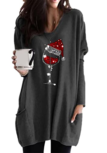 EFOFEI Damen Sweater Langarmshirt mit Komisch Gedruckt Leichter Winter Base Pullover Top mit Weihnachtselchmuster Weinglas Dunkelgrau XL