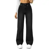 Outlet Angebote, Sommer Jeans Damen Leicht Unifarbe Mit Taschen High Waist Baggy Elegante Office Weit Casual Gerade Jeans Damen Bequeme Wide Leg Pants Women Mode Chino S