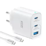 USB C Ladegerät 45W, 3 Ports Mehrfach Ladegerät mit 2*USB-C und USB-A, PD 3.0 Schnellladegerät Netzteil für iPhone 16 15 14 13 12 Pro Max, für Samsung Galaxy S24 S23, Weiß mit Typ-C Ladekabel