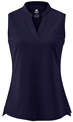 AjezMax Damen Poloshirt Ärmellos Baumwolle Golf Polo V-Ausschnitt Sommershirts Atmungsaktiv Laufen Sporttop Blau Large