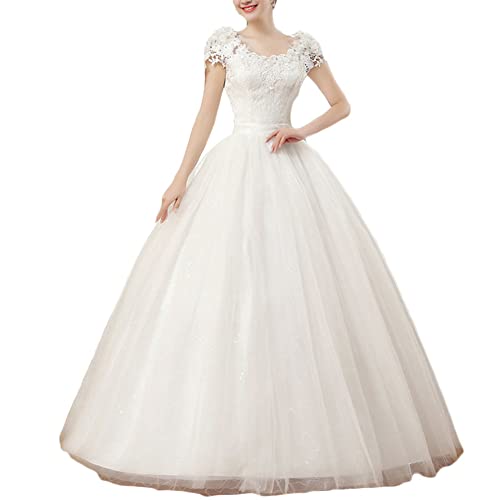 Brautkleid Hochzeitskleider Lang Prinzessin Brautmode Tüll Herzausschnitt A-Linie Brautmode mit Schnürung Elegant Bodenlang Brautkleider,Weiß,XL