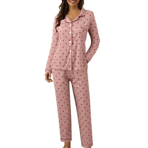 Schlafanzug Damen Lang Baumwolle Zweiteiler Pjama Nachtwäsche mit Knopfleiste Bequeme Pyjamahose Pjama Set für Damen Frauen Morgenmantel Sleepwear Hausanzug