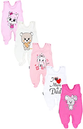 TupTam Baby Unisex Strampler mit Aufdruck Spruch 5er Pack, Farbe: I love Mum Dad Weiß Katze Maus Rosa Bär Ecru, Größe: 68