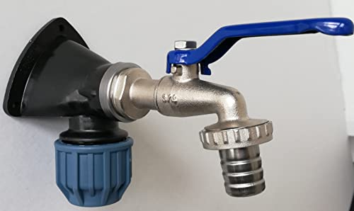 VOXTRADE PP Wandscheibe mit 3/4" Kugelauslaufhahn - 25mm PE, Wandwinkel 90°, Blau