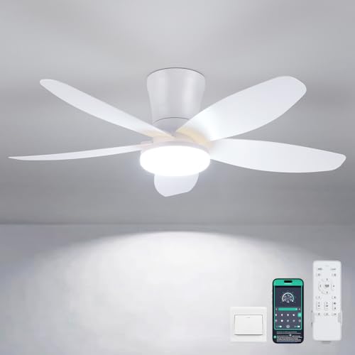 Deckenventilatoren mit Beleuchtung-92CM Bauender Deckenventilator mit LED-Beleuchtung und Fernbedienung/App-Steuerung, dimmbare LED-Deckenventilatoren für Schlafzimmer, Innen-/Außenbereich(Weiß)