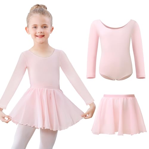 Kefiyis Ballettkleidung Mädchen Ballettkleid Langarm Ballettanzug Kinder Balletttrikot Tanzkleid Baumwolle Tanzbody mit Ballettrock Tütü Ballerina Kleid 3-11 Jahre Rosa 120