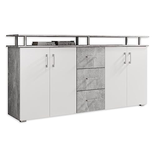 LIFT Highboard mit Ablage in Beton Optik, Weiß - Moderner Wohnzimmerschrank mit Schubladen und viel Stauraum für Ihren Wohnbereich - 178 x 90 x 38 cm (B/H/T)