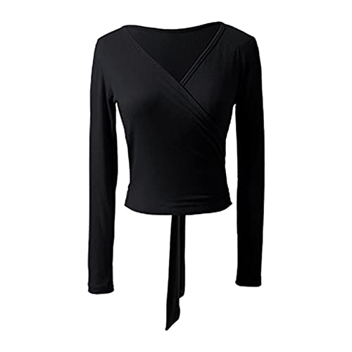 YiZYiF Damen Wickeljacke Langarm Kurzarm V Ausschnitt Wickel Tops Schulterjacke Shrug Top Ballett Tanz Gymnastik Oberteil T-Shirts Blusen Schwarz_C XL