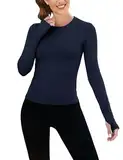 IECCP Damen Sport Crop Tops Gym Langarm T Shirt Laufshirts Yoga Top Sportshirt Leicht Fitness Workout Oberteil mit Daumenloch für Frauen Workout Oberteile Dark Blau XS