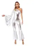 Yihuimin Damen Metallic Overall Ein Schulter Ganzanzug Rompers Cosplay Disco Tanzanzug Halloween Tanzkostüm Clubwear Silber M