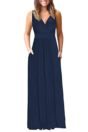 AUSELILY Maxikleid Damen Sommer Ärmellos Kleid Lang Elegant tiefem V-Ausschnitt Abendkleid mit Taschen Navy blau L