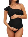 CUPSHE Damen Maternity Badeanzug One Shoulder Volants Abnehmbare Träger Asymmetrische Einteilige Umstandsbademode Swimsuit Schwarz S