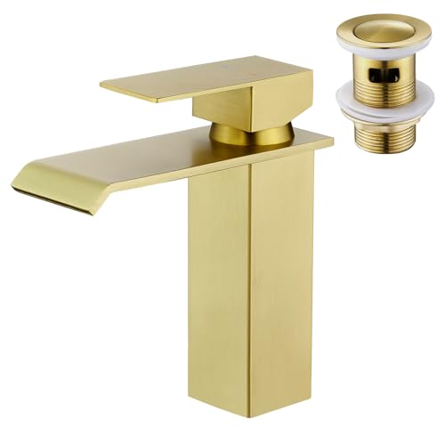 CREA Wasserhahn Bad Wasserfall, Waschtischarmatur mit Ablaufgarnitur, Mischbatterie Bad mit Wasserfall Auslauf, Hochdruck Armatur Waschbecken für Badezimmer, Gold