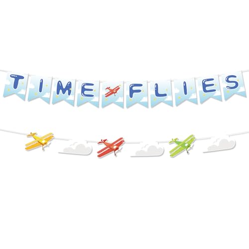 Tinoaly Time Flies Vintage Flugzeug Banner, 1 Geburtstag Dekor Blaue Themen Party Dekorationen für Flugzeug Thema Baby Shower Geburtstag & Time Flies Party