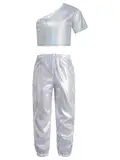 Fldy Kinder Mädchen Metallic Hose Shirt Set Glitzer Hip Hop Tanz Jazz Kleidung Sport Trainingsanzug Faschnacht Party Show Tanz Outfit Silber_A 146-152