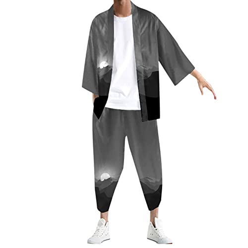 Herren-Kimono-Soutan-Cardigan-Hemd-Hemd-Hemd- mit entspanntem, antikem Digitaldruck Kleiderschutzhülle Jogginganzug 2-Teiliges Knopfleiste Poloshirt mit Brillenhalter + Kurze Hose (Black, XL)