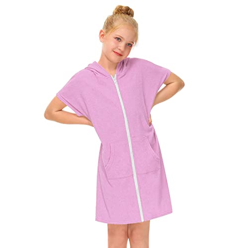 Junge Schmuck Kinder Reißverschluss Terrys Kapuzen Coverups Schwimmen Strand Cover Up Baumwolle Sommer Kurzarm Badeanzug Bademantel mit Taschen Strandkleid Schnalle Ring Schmuck (Pink, 8-9 Years)