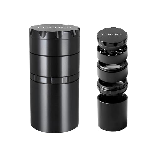 TIRIRS 2 Zoll 5 Stück Kräutermühle mit großem Stauraum - Aluminium Große Gewürzmühle mit Pollenschaber und Reinigungsbürste, Magnetoberfläche, Gummidichteter O-Ring, Schwarz