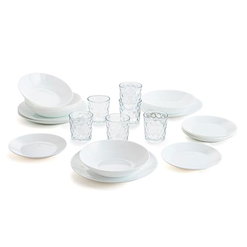 Arcopal Komplettes weißes Tafelservice für 6 Personen, 18-teiliges Set mit 6 Gläsern aus Glas, 26 cl, einzigartig, 19-teilig
