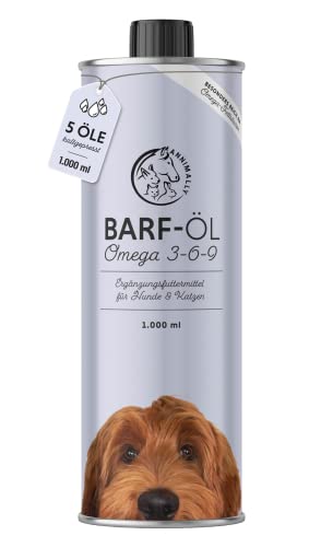 Barf Öl für Hunde 1000ml Barföl mit Omega 3-6-9 aus: Lachsöl, Rapsöl, Hanföl & Borretschöl - Futteröl für Hund als Futter Topping (Barf Zusatz)