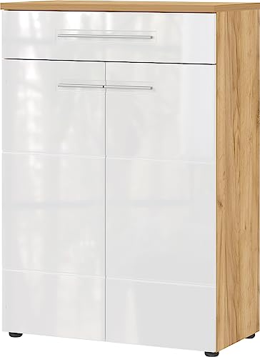 GERMANIA DIE MÖBELMACHER Schuhschrank mit Zwei Türen und Einer Schublade, Hochglanzfronten, in Eiche/Weiß, 75 x 110 x 41 cm (BxHxT)