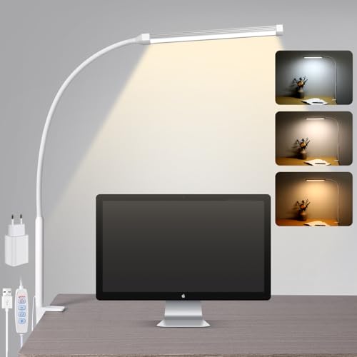 Schreibtischlampe LED Klemmbar, Dimmbare Schreibtischlampe mit 3 Farben und 10 Helligkeitsstufen, Tageslichtlampe Schreibtisch Lampe, Augenschonende Klemmleuchte (Weiß)