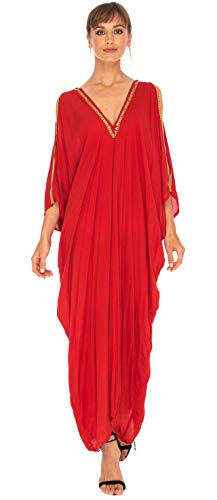 SHU-SHI - Damen Maxi-Kaftankleid - V-Ausschnitt & Cut-Out an den Schultern - Goldfarbene Perlen - Rot - L