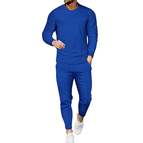 Männlicher -Winter-beiläufiges kariertes zweiteiliges Rundhals-T-Shirt Langarm-Taschen-Hosen-Set Tech Fleece Herren Hemden Shorts Strand Hosenanzug Kleidersack Schwarz Herren große Größen (Blue, S)