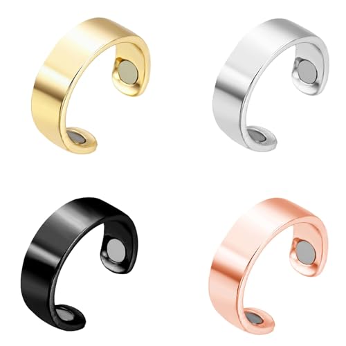 DMNQ Lymphdrainage Ring 4 Stück Magnetring Lymphdrainage Therapeutischer Magnetring Kupfer Magnet Ringe Öffnung Verstellbar für Männer und Frauen Gold Silber Schwarz Roségold Ringsatz