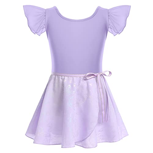 Gymnastik Trikots für Mädchen Ballettkleidung Kinder Ballett Tanz Kleid Bodysuit mit Chiffon Wrap Rock Baumwolle Criss-Cross U-Rücken Tütü Tanzoutfit Rhythmische Sportgymnastik Anzug Violett 3-4J