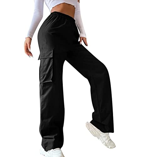 Cargohose Damen High Waist Jogginghose Teenager Mädchen Cargo Hose Cargohosen Y2k Hosen Straight Sweathose Elastische Bund Capri Hosen Schlaghose Sport Jogginghose Streatwear mit Taschen