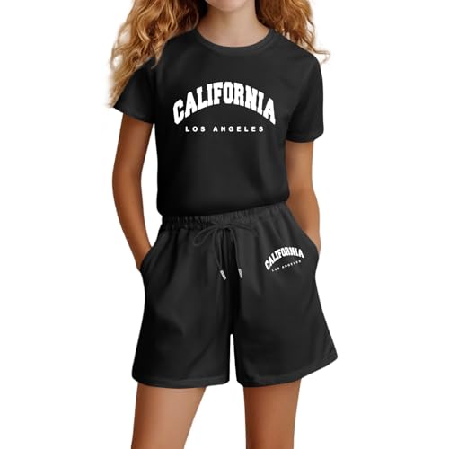 Sportbekleidung Kinder Mädchen 152 Set Baumwolle 2 Teiler Trainingsanzug California Kurze Hose Und T-Shirt Set Sport Freizeitanzug Sommer Outfits Sportanzug 2 Piece Jogging Kinderkleidung